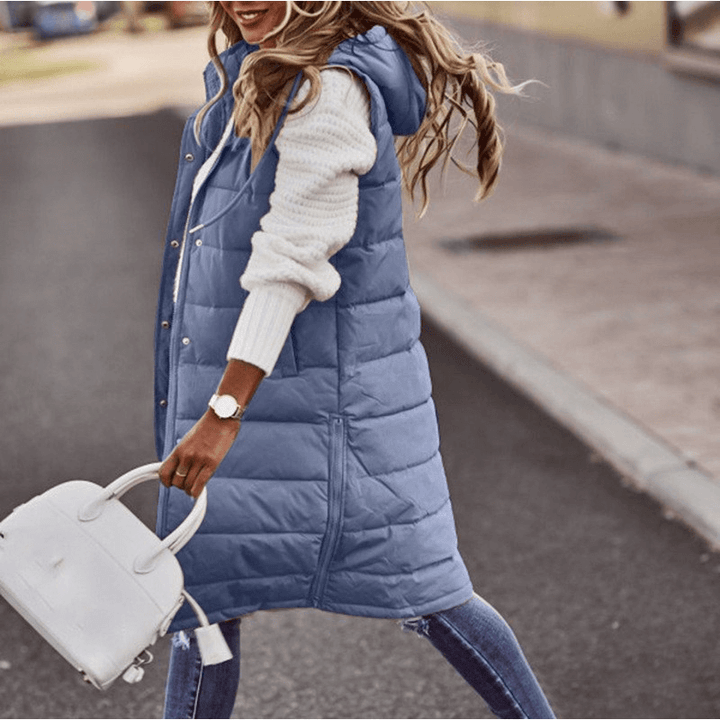Women's Long Sleeveless Winter Down Vest with Hood
