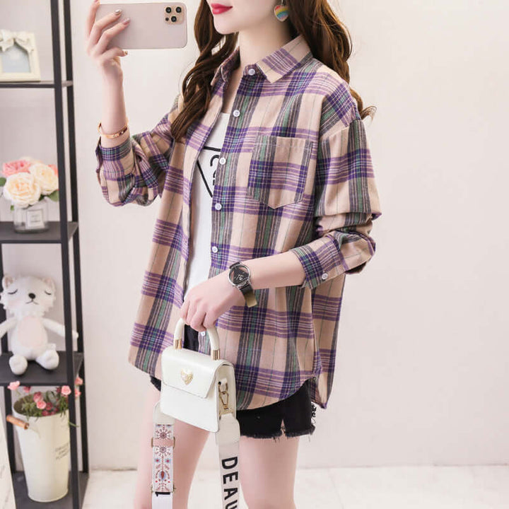 Women's Long Sleeve Plaid Button-Down Shirt