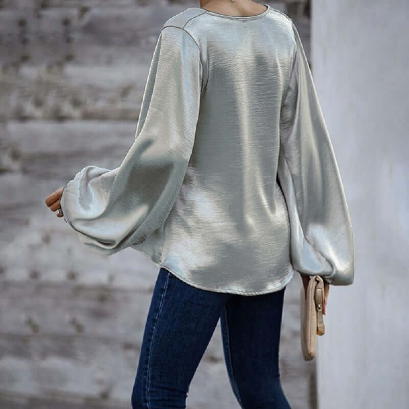 Women's V-Neck Lantern Sleeve Satin Blouse