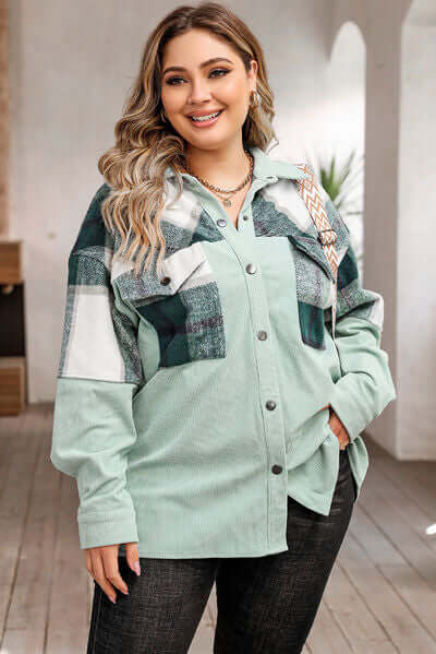 Plus Size Plaid Jacket: Women's Autumn/Winter Button-Front Pocket Jacket