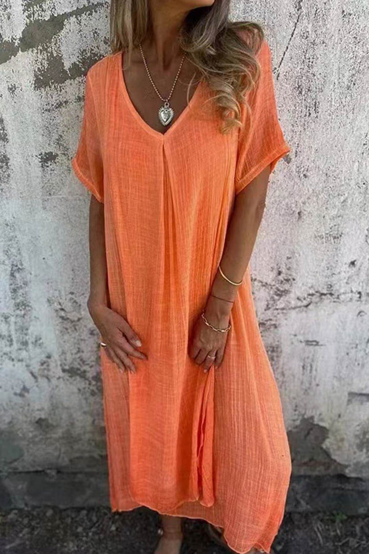 Lightweight Linen Midi Dress: V-Neck, Short Sleeves