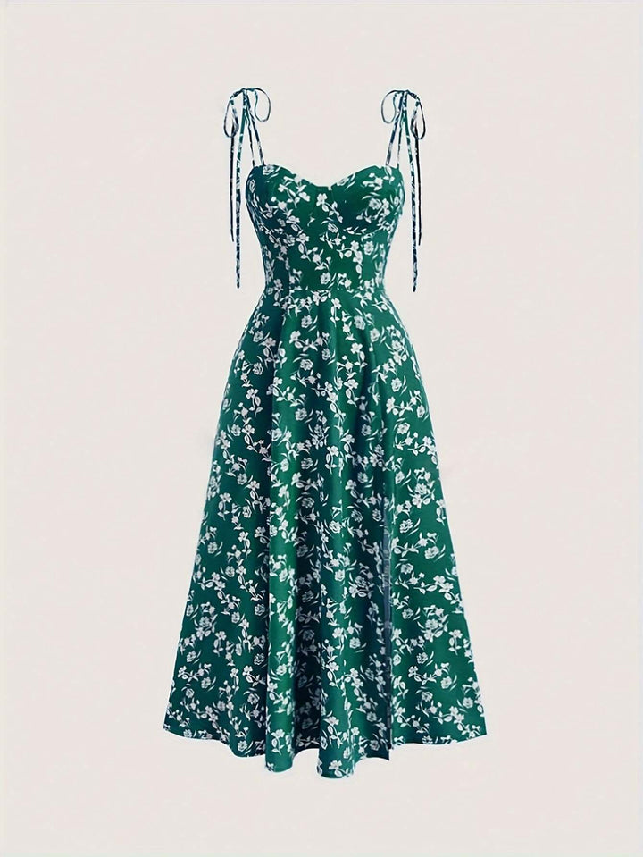 Women's Floral Print Midi Summer Dress with Tie Straps