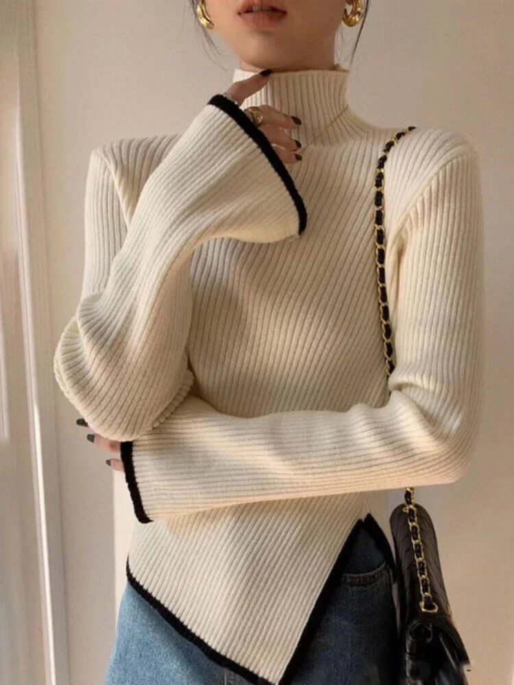 Women's Ribbed Turtleneck Knit Sweater, Long Sleeves, Asymmetric Hem