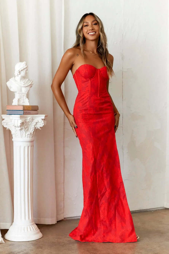 Strapless Evening Gown: Corset Bodice & High Slit