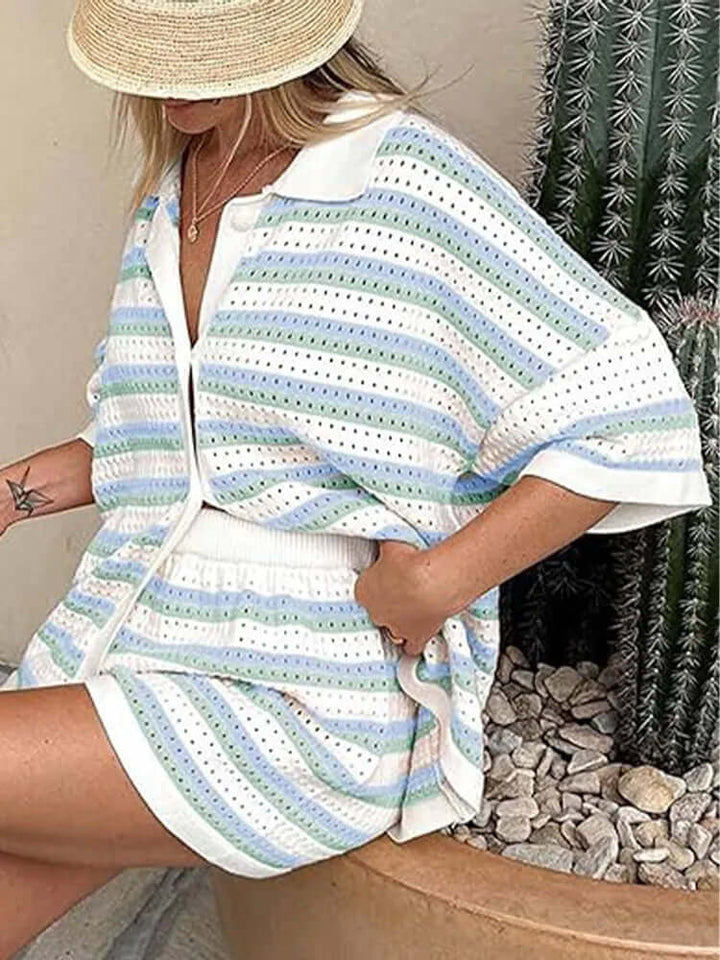 Women's Summer Knit Two-Piece Set: Striped Revere Collar Top & Shorts