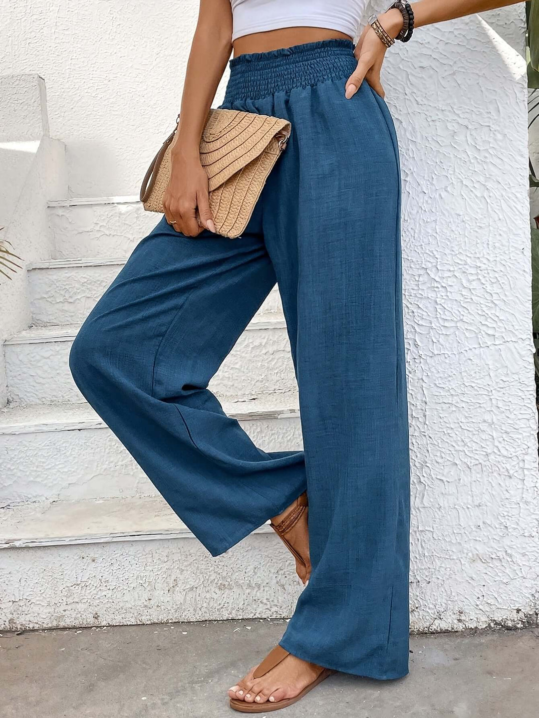 Women's High-Waisted Wide Leg Smocked Pants