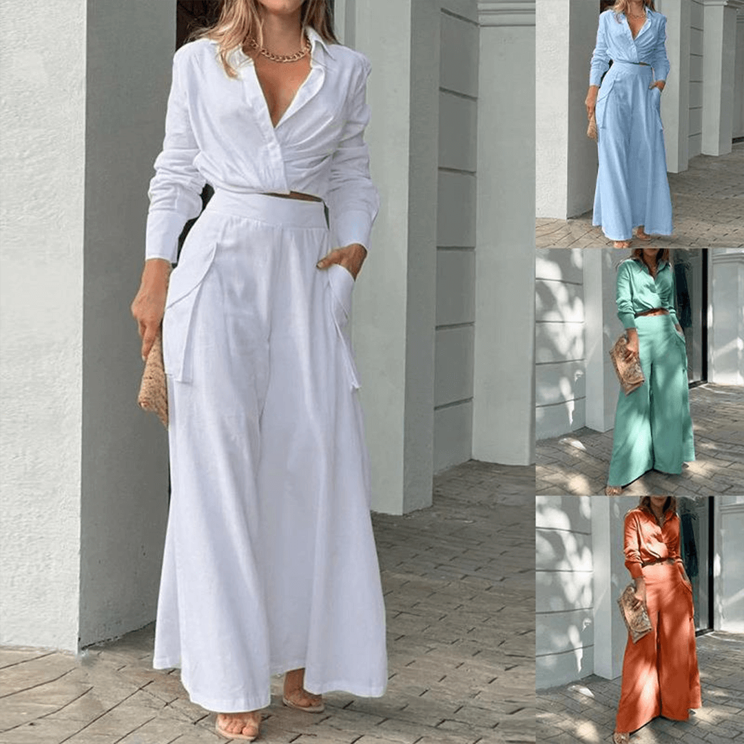Women's Two-Piece Set: Long Sleeve Crop Top & Wide Leg Pants