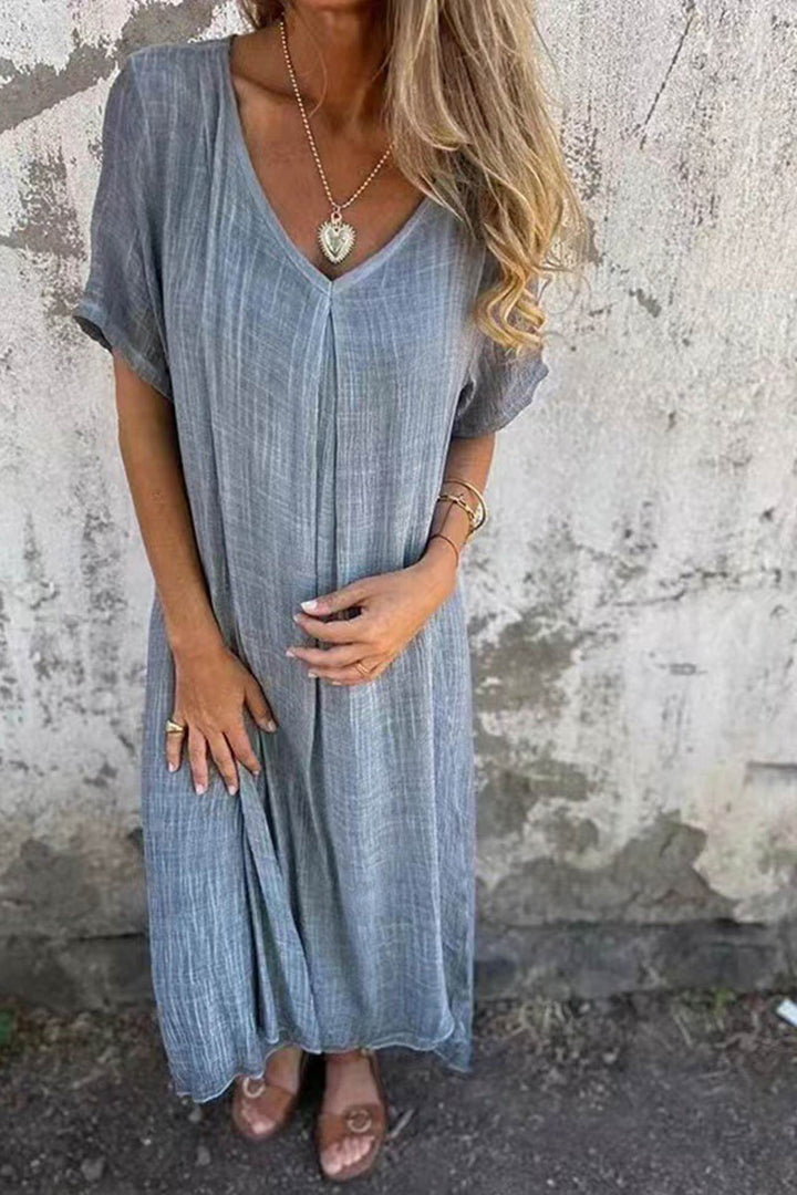 Lightweight Linen Midi Dress: V-Neck, Short Sleeves