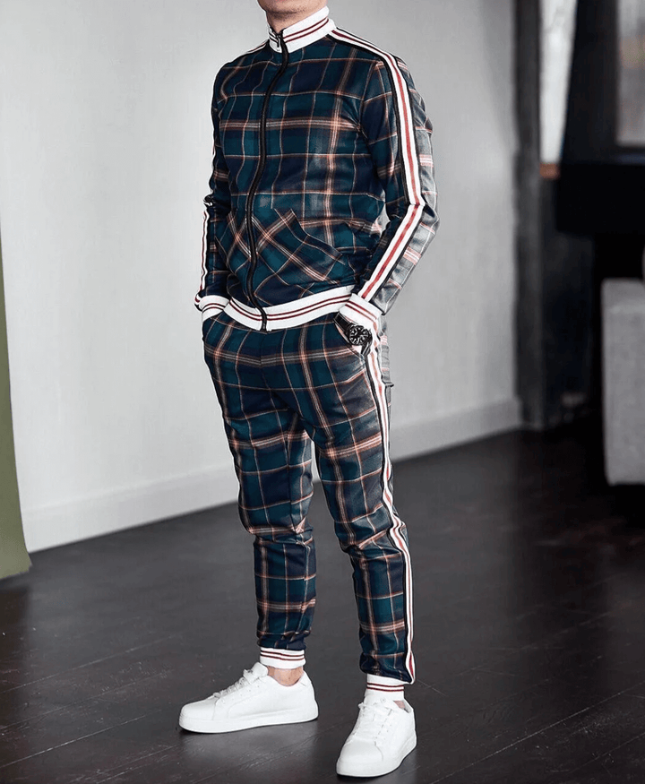 Men's Slim Fit Plaid Tracksuit with Striped Detailing