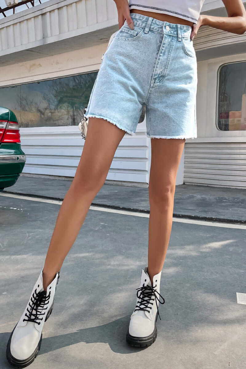 Women's Denim Shorts: Raw Hem, Solid Color