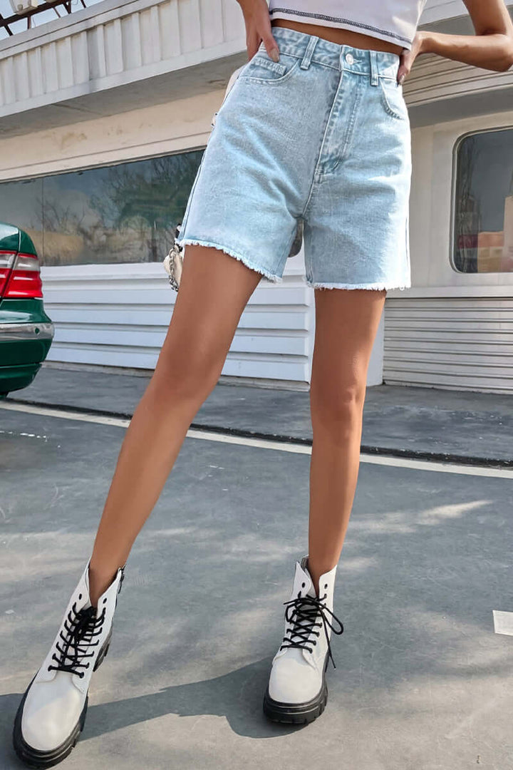 Women's Denim Shorts: Raw Hem, Solid Color