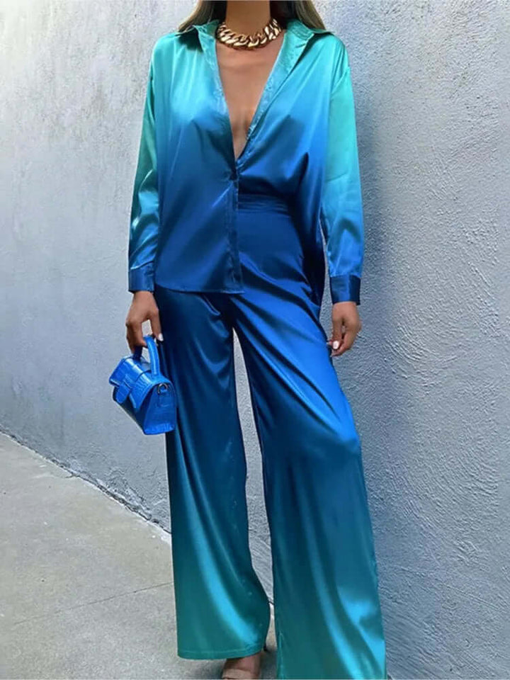 Women's Wide-Leg Satin Jumpsuit: Button-Down Long Sleeve