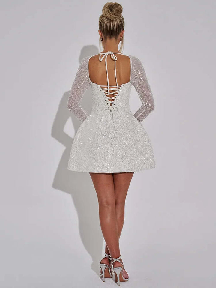 Sequin Mini Dress: Square Neck, Long Sleeve Party Dress