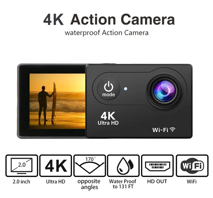 "4K sports action camera with wide-angle lens, waterproof, ideal for adventure, tech gadget, captures extreme sports in Ultra