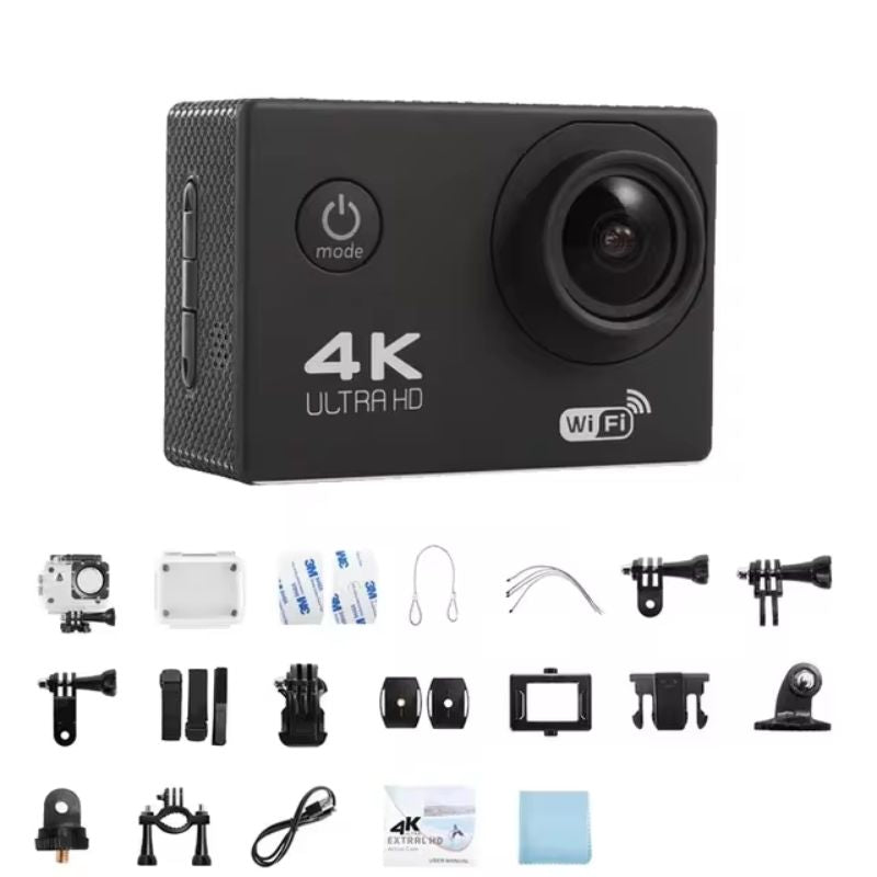 4K Ultra HD Waterproof Adventure Camera, wide-angle lens, durable, Wifi enabled, ideal for outdoor and underwater use.