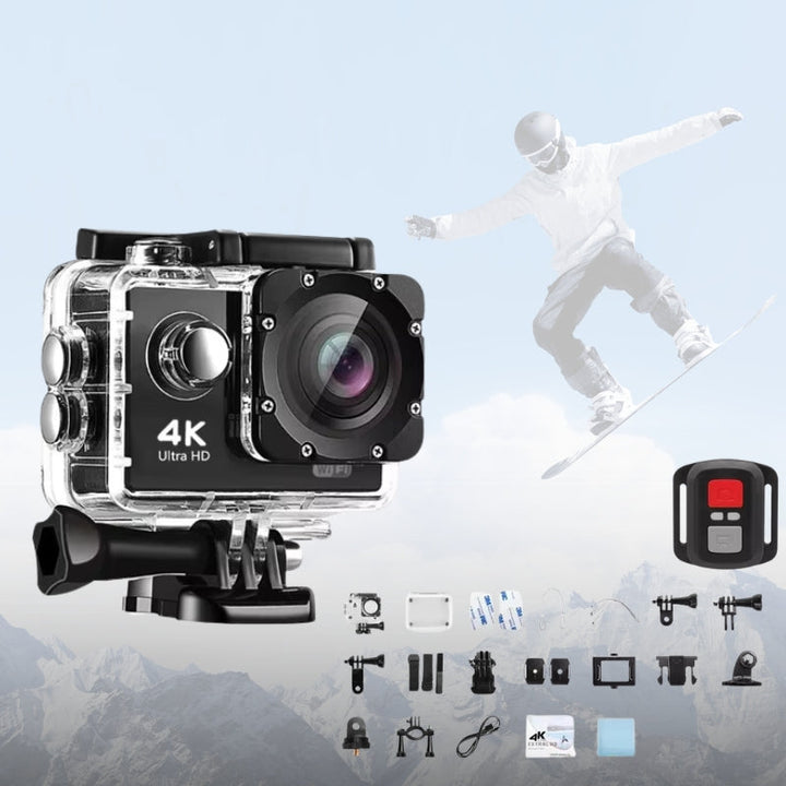 4K Ultra HD Waterproof Adventure Camera, wide-angle lens, durable, Wifi enabled, ideal for outdoor and underwater use.