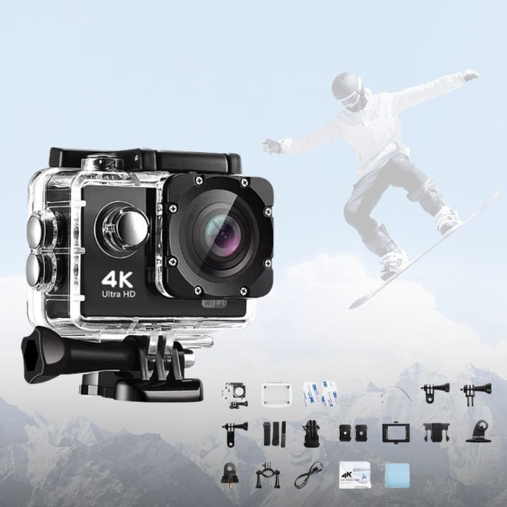 4K Ultra HD Waterproof Adventure Camera, wide-angle lens, durable, Wifi enabled, ideal for outdoor and underwater use.