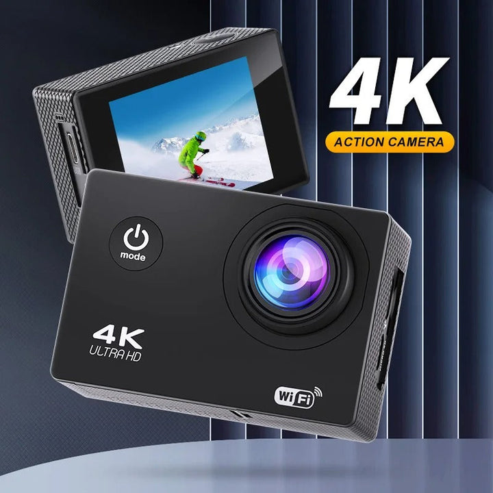 4K Ultra HD Waterproof Adventure Camera, wide-angle lens, durable, Wifi enabled, ideal for outdoor and underwater use.