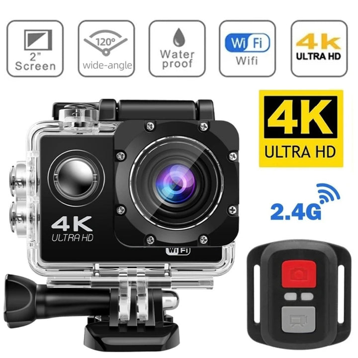 4K Ultra HD Waterproof Adventure Camera, wide-angle lens, durable, Wifi enabled, ideal for outdoor and underwater use.