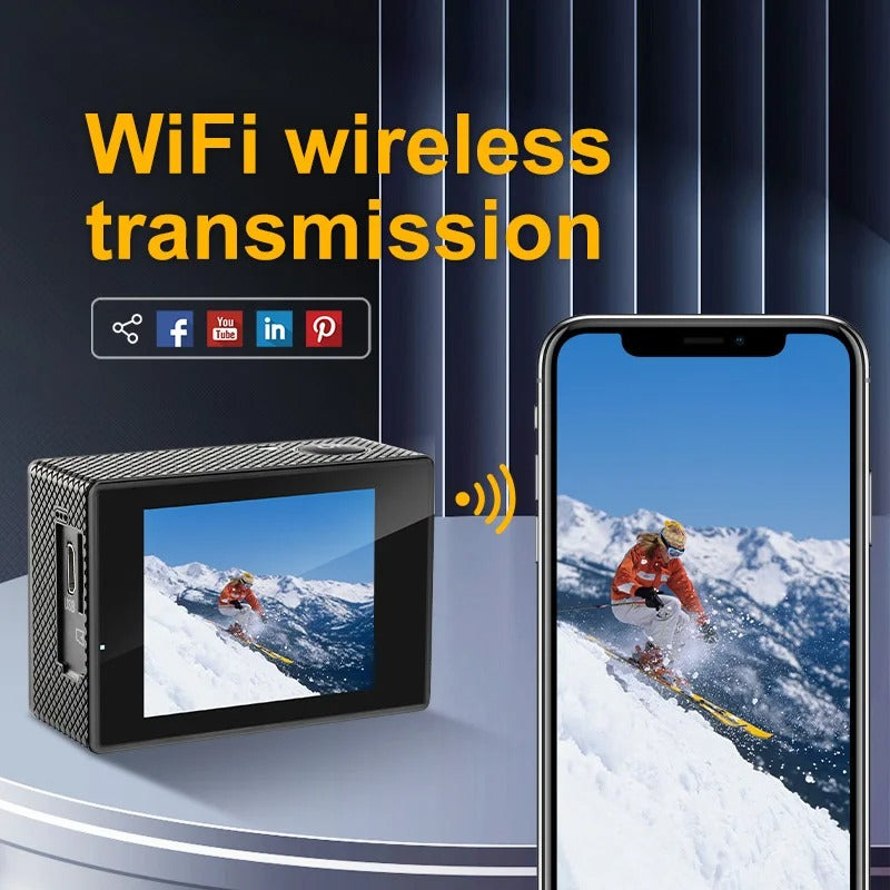 4K Ultra HD Waterproof Adventure Camera, wide-angle lens, durable, Wifi enabled, ideal for outdoor and underwater use.