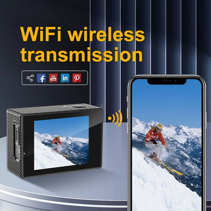 4K Ultra HD Waterproof Adventure Camera, wide-angle lens, durable, Wifi enabled, ideal for outdoor and underwater use.