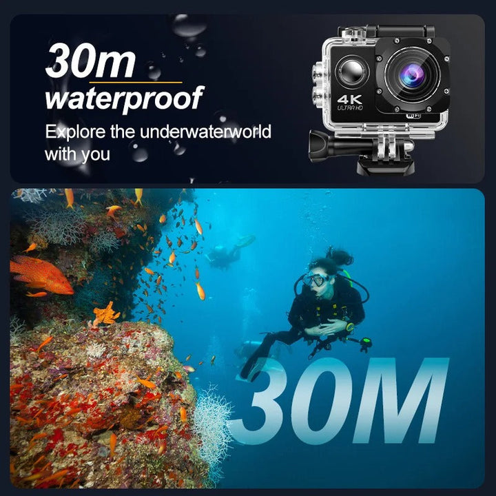 4K Ultra HD Waterproof Adventure Camera, wide-angle lens, durable, Wifi enabled, ideal for outdoor and underwater use.