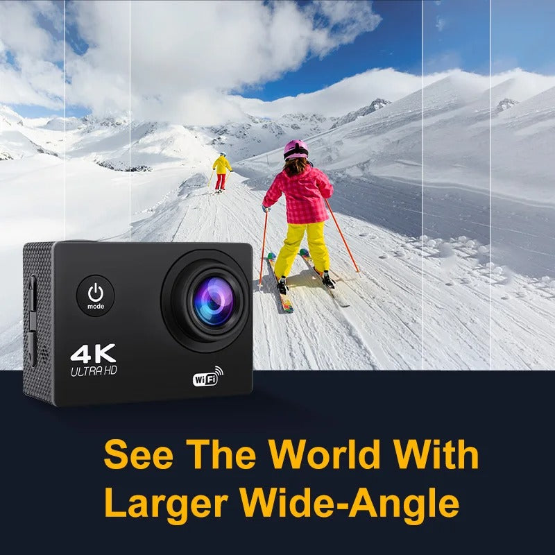4K Ultra HD Waterproof Adventure Camera, wide-angle lens, durable, Wifi enabled, ideal for outdoor and underwater use.