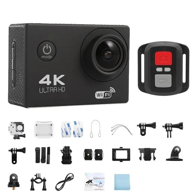 4K Ultra HD Waterproof Adventure Camera, wide-angle lens, durable, Wifi enabled, ideal for outdoor and underwater use.