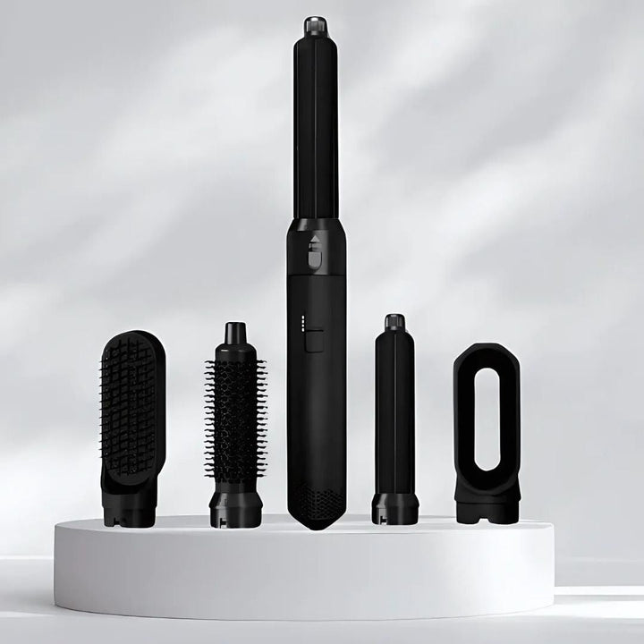 "5-in-1 hair styler with air tech, five attachments, sleek silver design for curling, drying, smoothing, volumizing."