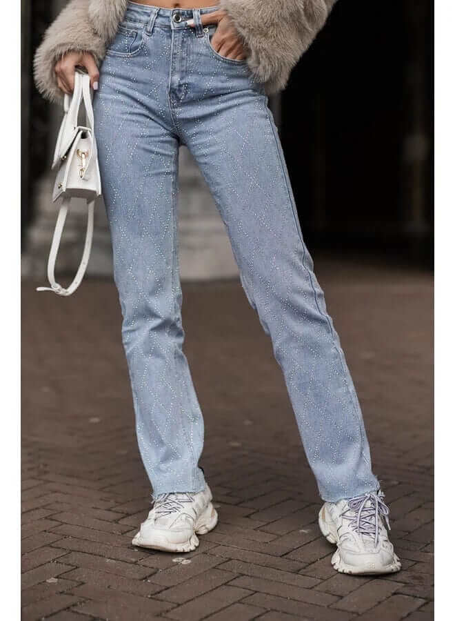 Women's Straight Leg Jeans: Diamond Pattern, Button Fly