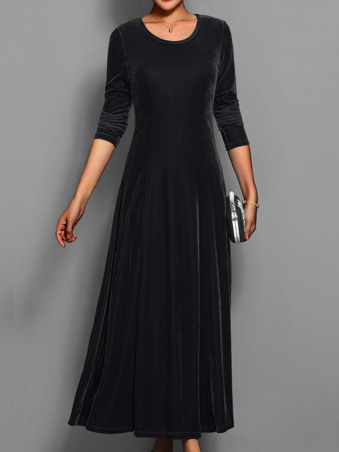 Elegant Midi Dress: Long Sleeve, Crew Neck, Velvet