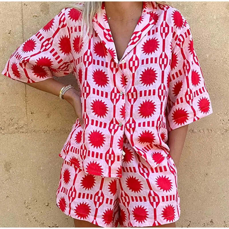 Women's Geometric Print Co-ord Set: Relaxed Fit Shirt & Shorts