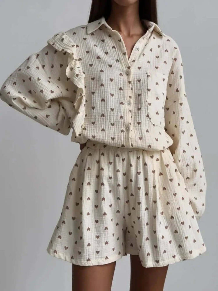 Women's Summer Co-ord Set: Ruffled Blouse & High-Waisted Shorts