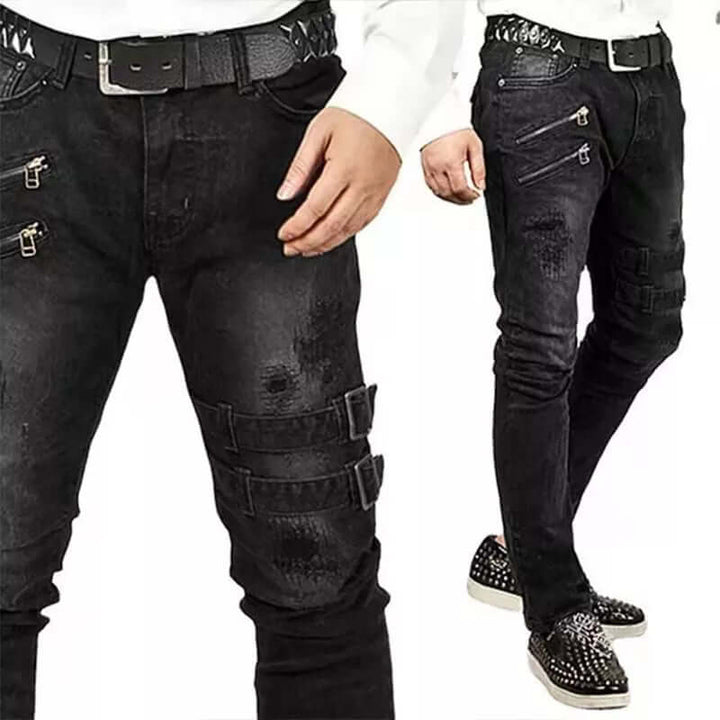Men's Buckle Detail Skinny Ripped Jeans