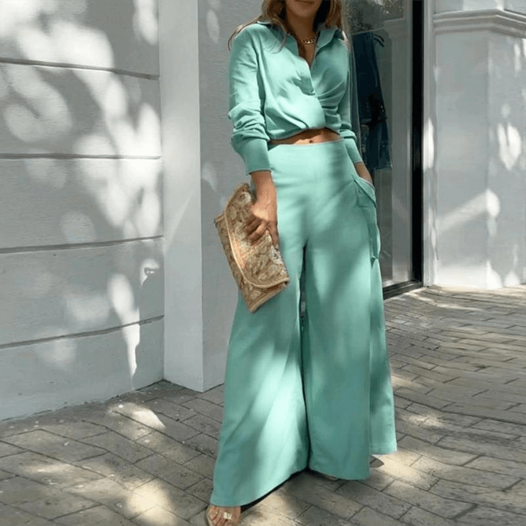 Women's Two-Piece Set: Long Sleeve Crop Top & Wide Leg Pants