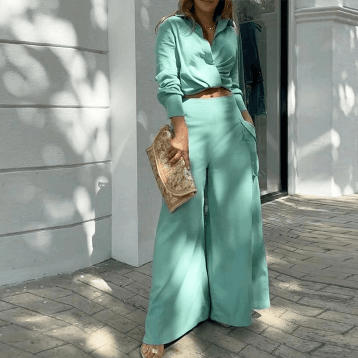 Women's Two-Piece Set: Long Sleeve Crop Top & Wide Leg Pants