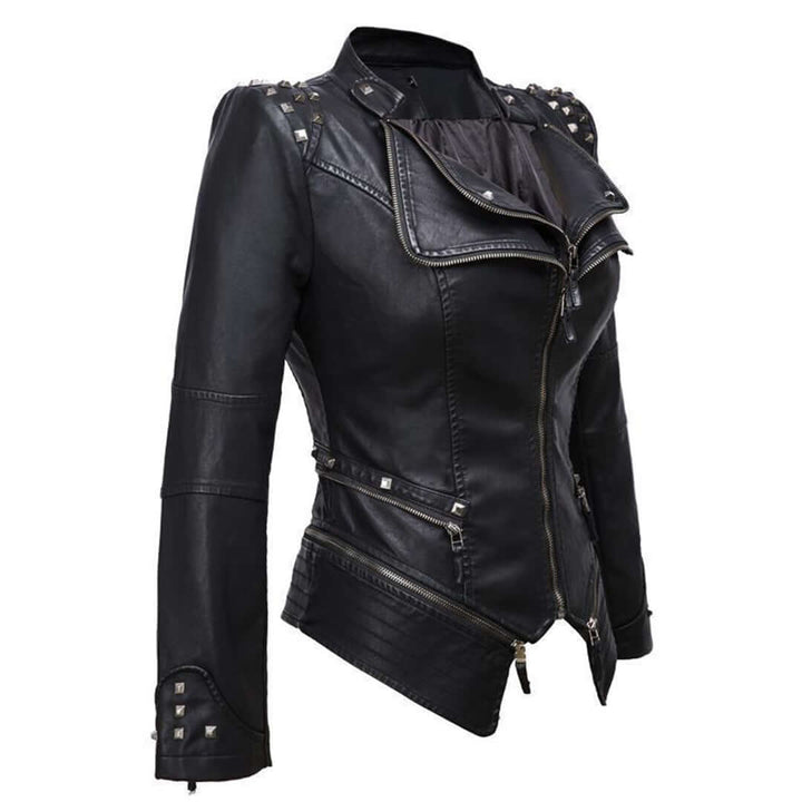 Women's Fitted Biker Leather Jacket with Studded Detail