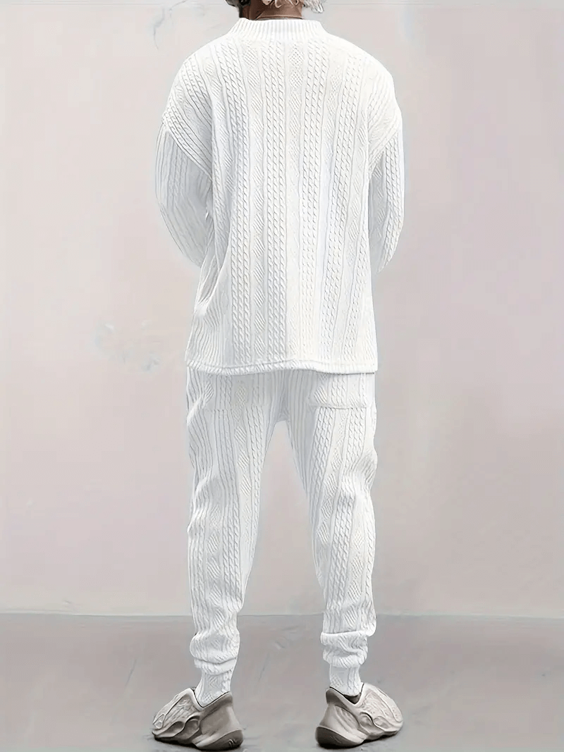Men's Cable Knit Loungewear Set: V-Neck Top & Drawstring Joggers