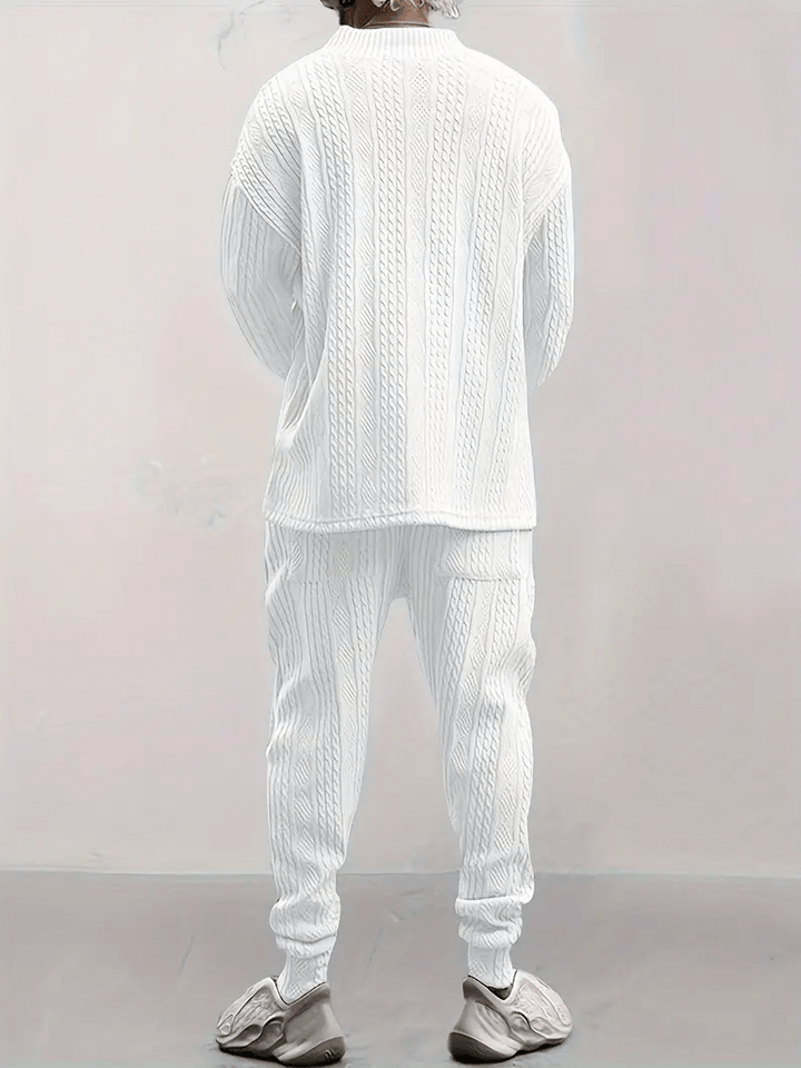 Men's Cable Knit Loungewear Set: V-Neck Top & Drawstring Joggers
