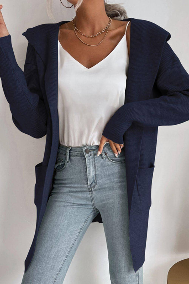 Women's Hooded Ribbed Cardigan: Cozy & Stylish Open-Front Knit