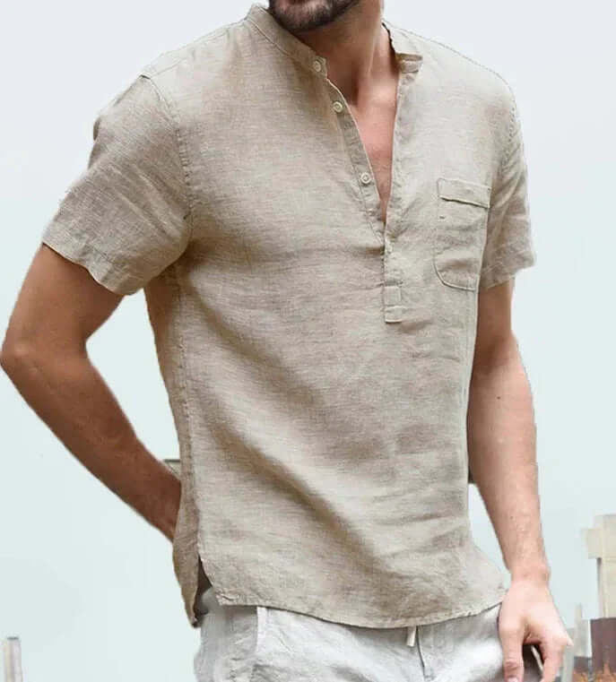 Men's Breathable Linen Shirt: Mandarin Collar, Short Sleeves