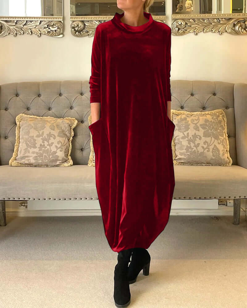 Women's Velvet Drape Dress: Long Sleeve, High Neck