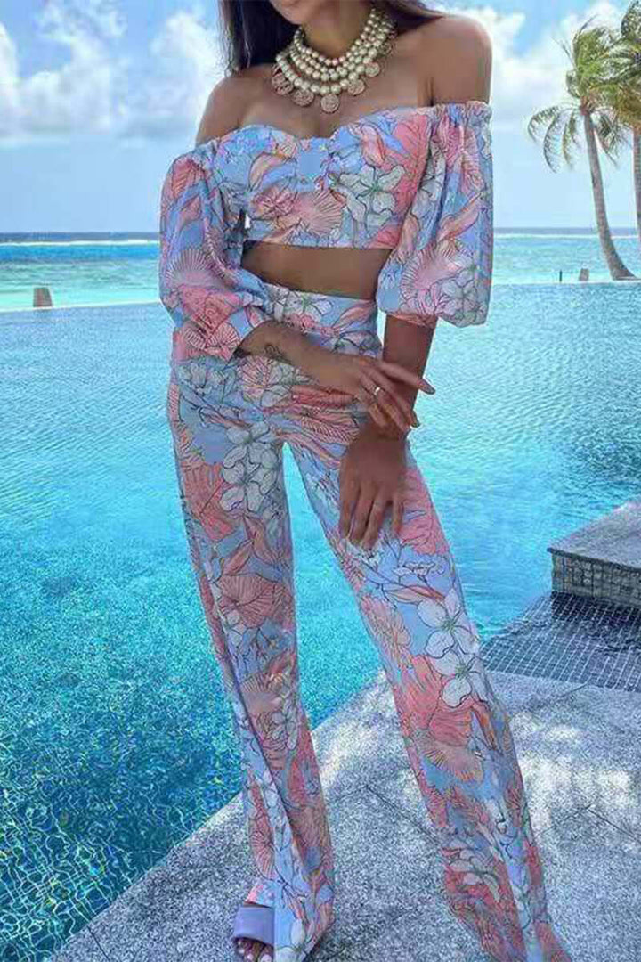 Women's Floral Off-Shoulder Top & Wide Leg Pants Set