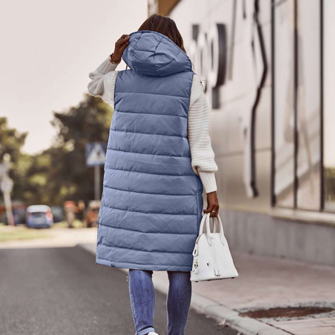 Women's Long Sleeveless Winter Down Vest with Hood