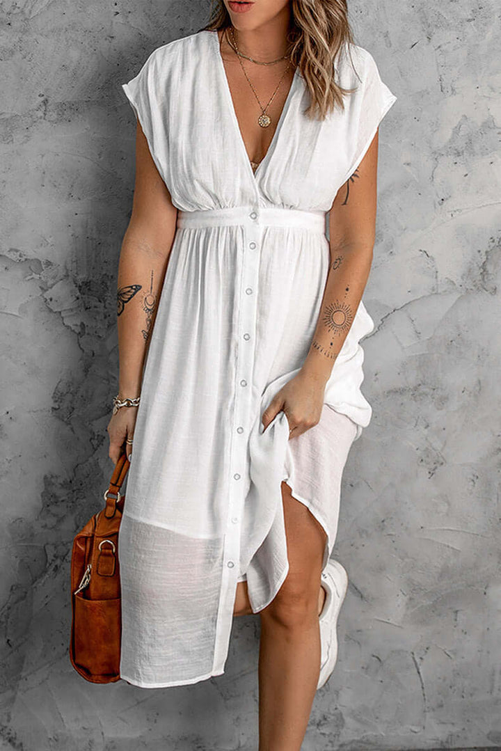 Elegant Deep V-Neck Sleeved Dress