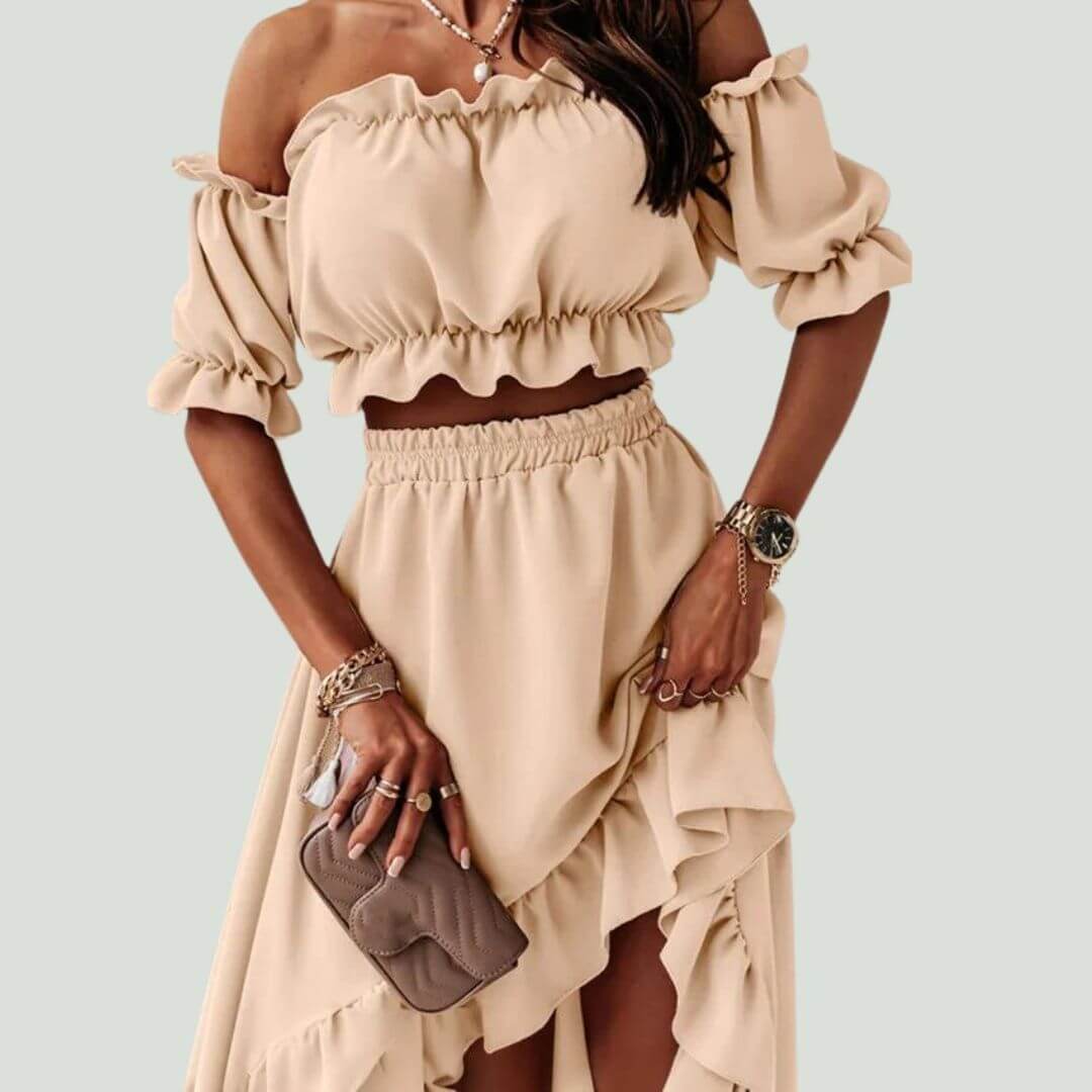 Women's Off-Shoulder Frill Trim Crop Top & Ruffle High-Low Skirt