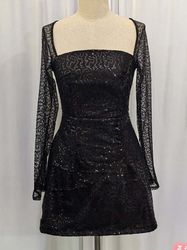 Sequin Mini Dress: Square Neck, Long Sleeve Party Dress