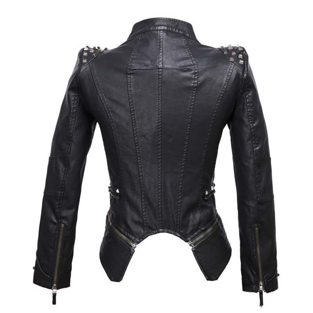Women's Fitted Biker Leather Jacket with Studded Detail