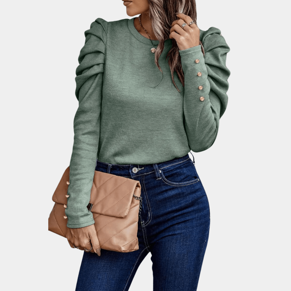 Women's Puff Sleeve Blouse: Fitted, Round Neck, Button Cuff