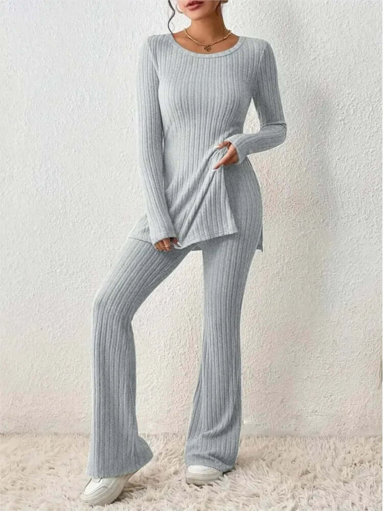 Women's Ribbed Knit Set: Long Sleeve Top & Flared Trousers